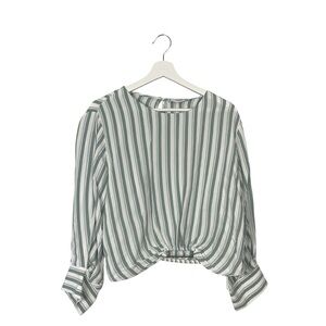 Mango Green and White Striped Cropped Blouse